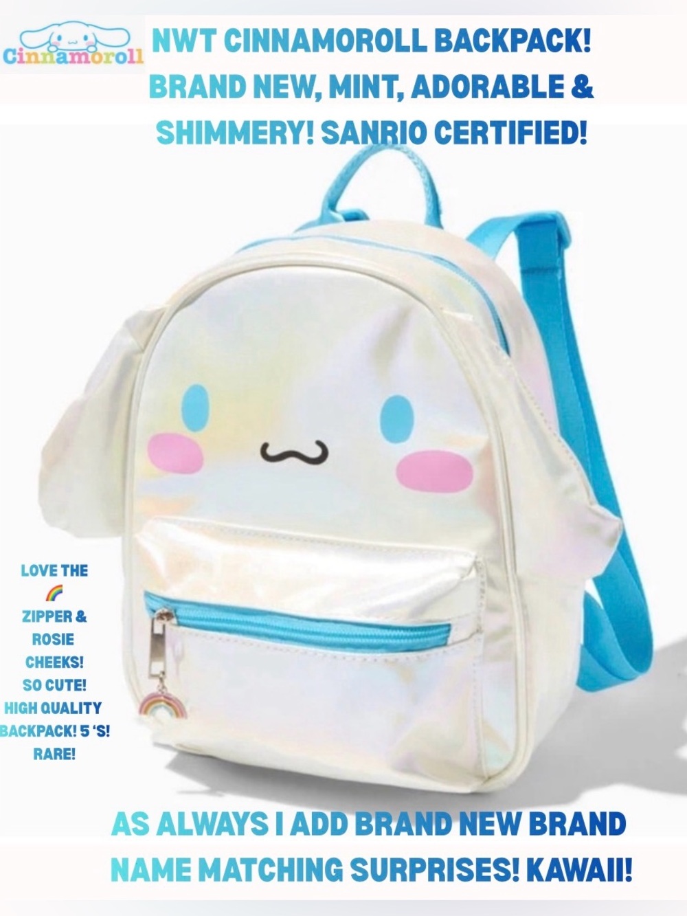 NWT! CINNAMOROLL BACKPACK! SHIMMERY W/ A FREE ADORABLE CINNAMOROLL TOY!